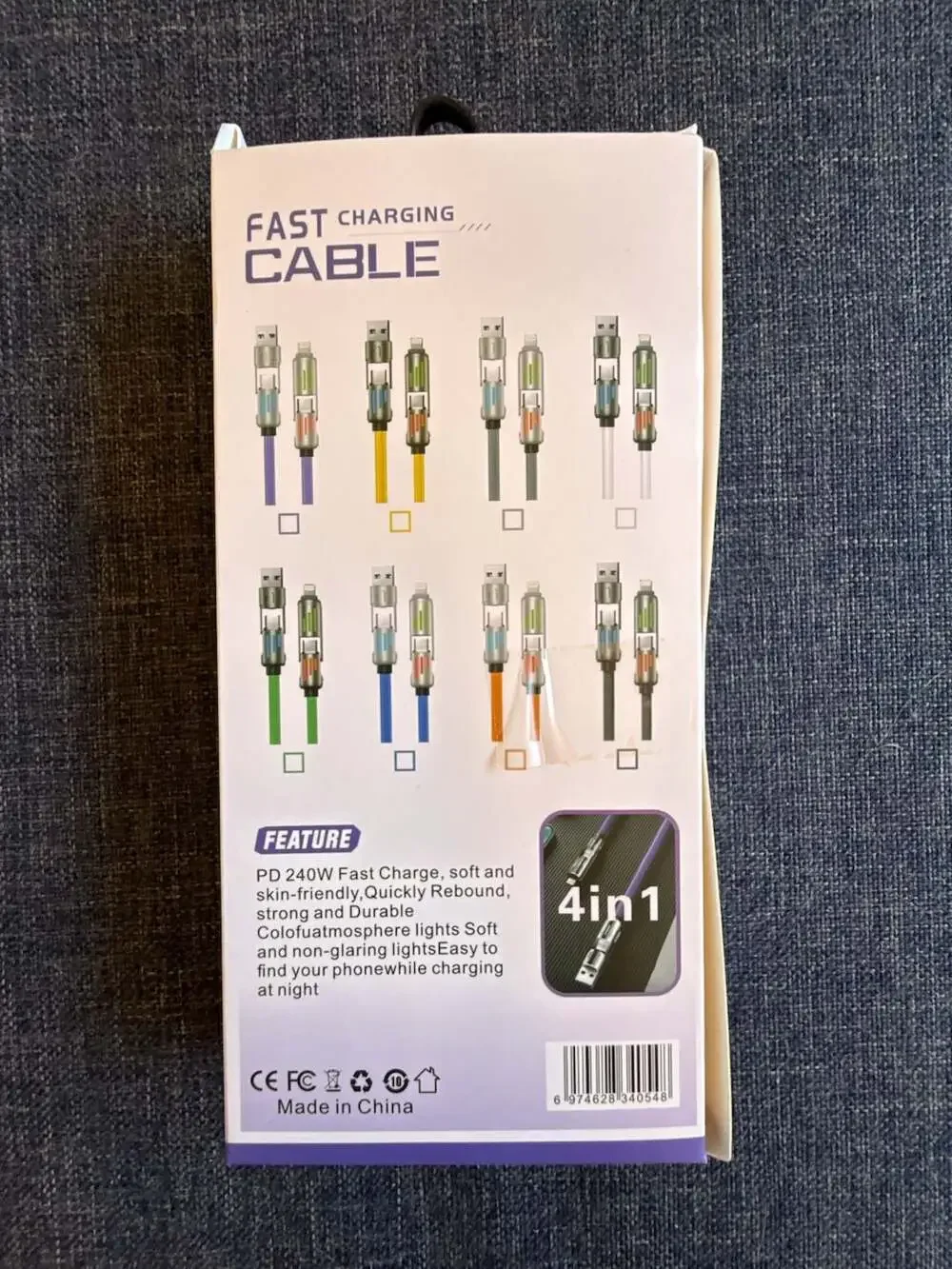 4-in-1 240W Fast Charging Cable with Breathing Light and Silicone Finish